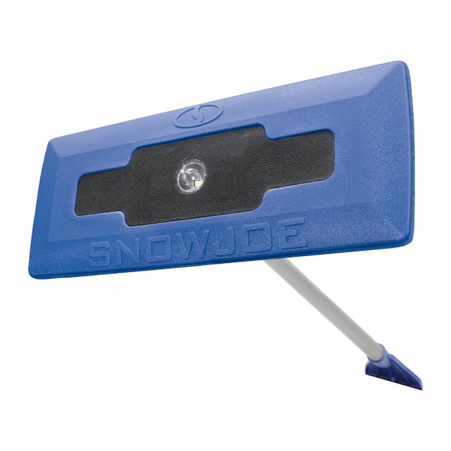 Snow Joe 18-inch 3-in-1 blue-colored telescoping snow broom and ice scraper with an LED light.