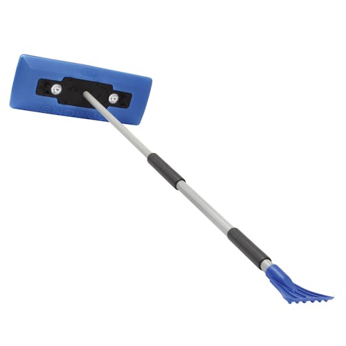 Rear-angled view of the Snow Joe 18-inch 4-In-1 Telescoping blue Snow Broom and Ice Scraper with LED lights.