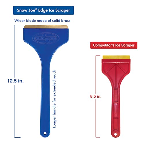 Comparison between the Snow Joe 4.8-inch Brass Blade Ice Scraper and a competitors, showing that Snow Joe's has a longer handle and wider scraper.