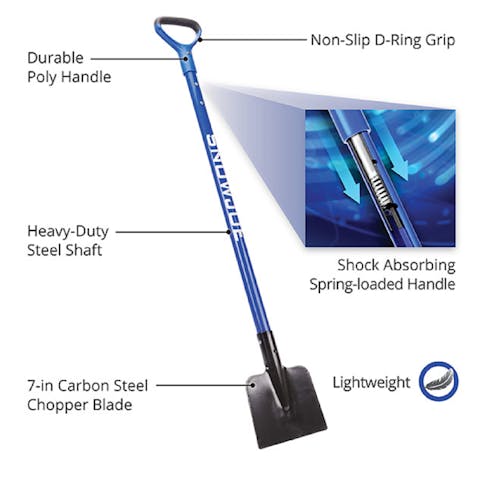 Infographic showing its features: Durable poly handle, non-slip d-ring grip, heavy-duty steel shaft, shock absorbing spring-loaded handle, 7-inch carbon steel blade, and lightweight.