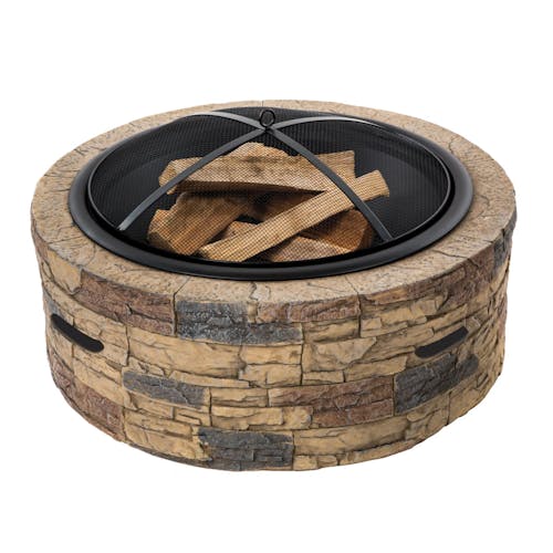 Sun Joe 35-inch Cast Stone Wood Burning Fire Pit with Dome Screen and Poker.