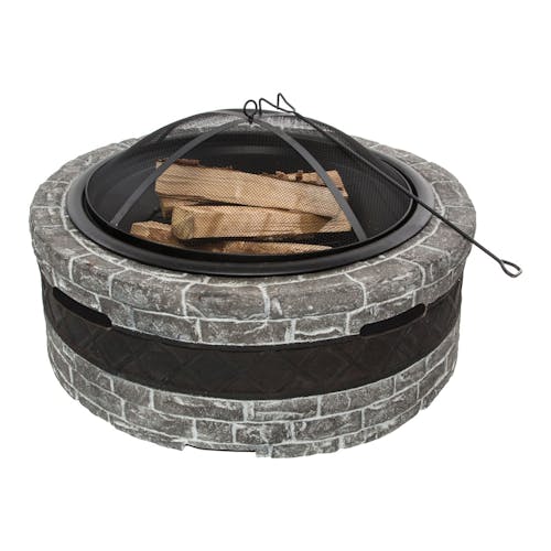 Sun Joe 28-Inch Charcoal Gray Cast Stone Base, Wood Burning 24-Inch Fire Pit with Dome Screen and Poker.
