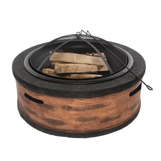 Sun Joe 35-Inch Rustic Wood Cast Stone Base, Wood Burning Fire Pit with Dome Screen and Poker.