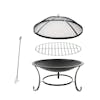 All pieces for the Sun Joe 30-Inch Round Steel Fire Pit: fire bowl, log grid, dome screen, and poker.