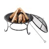 Sun Joe 30-Inch Round Steel Fire Pit with logs on it and the Dome Screen and Poker leaning against it.