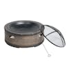 Sun Joe 35-inch Rustic Barrel Cast Stone Base, Wood Burning Fire Pit with the Dome Screen and Poker leaning against it.