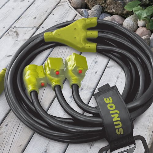 Snow Joe and Sun Joe 25-foot 3-outlet power cord for generators on a deck.