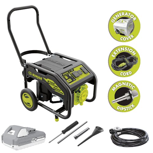 Sun Joe Portable Propane Generator with a 2.0-Ah lithium-ion battery, propane hose, funnel, cover, and assembly tool kit.