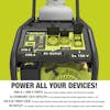 Infographic for the Sun Joe Portable Propane Generator showing its features: Two USB ports, two standard 120-volt outlets, 120-volt AC twist-lock, and RV outlet.
