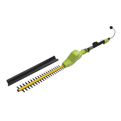 Sun Joe 4-amp 21-inch Electric Telescoping Pole Hedge Trimmer with blade cover.