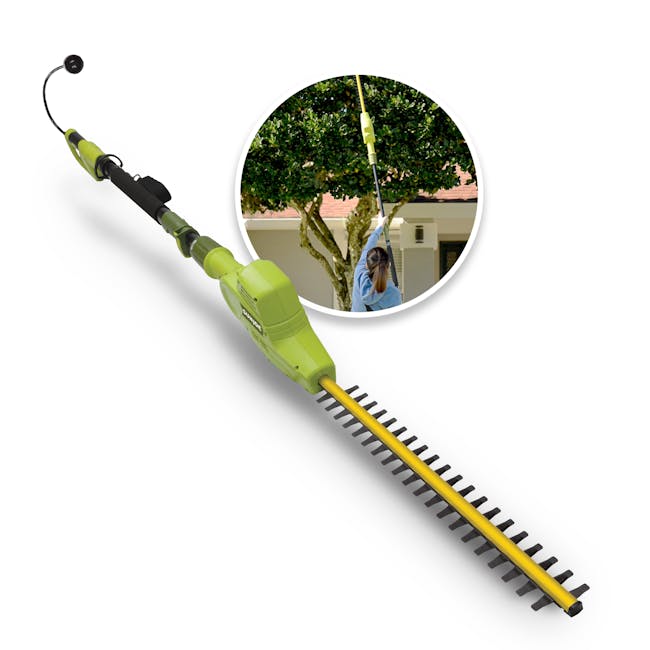Sun Joe electric telescoping pole hedge trimmer with inest image of product in use