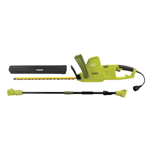 Sun Joe 4.5-amp 19-inch Multi-Angle Telescoping Convertible Electric Pole Hedge Trimmer with pole and blade cover.