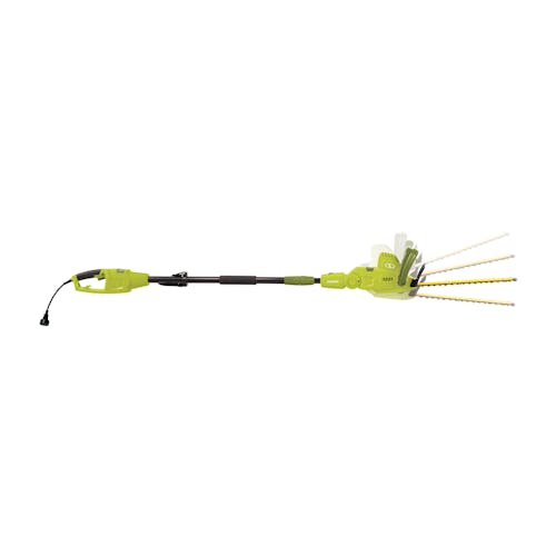 Sun Joe 4.5-amp 19-inch Multi-Angle Telescoping Convertible Electric Pole Hedge Trimmer with motion blur showing the adjustable head.
