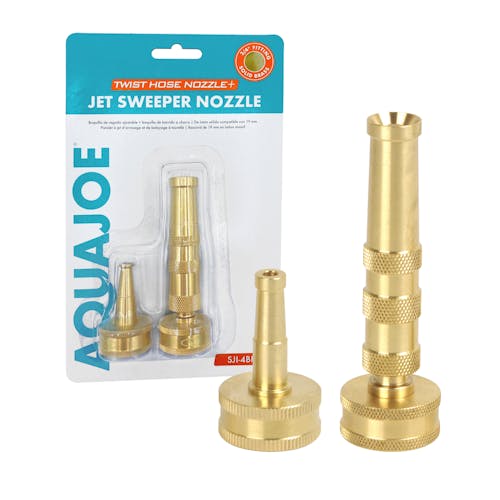 Sun Joe 2-in-1 brass twist hose and jet sweeper nozzle with packaging.