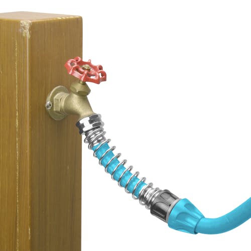 Aqua Joe heavy-duty coiled faucet extension connected to a faucet and hose.