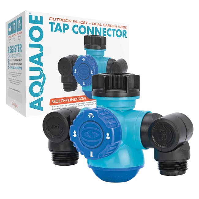 Aqua Joe Multi-Function Outdoor Faucet and Dual Garden Hose Tap Connecter with packaging.