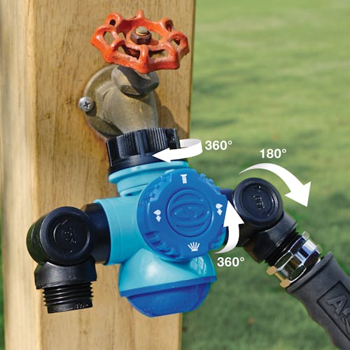 Diagram showing the adjustable joints on the Aqua Joe Multi-Function Outdoor Faucet and Dual Garden Hose Tap Connecter.
