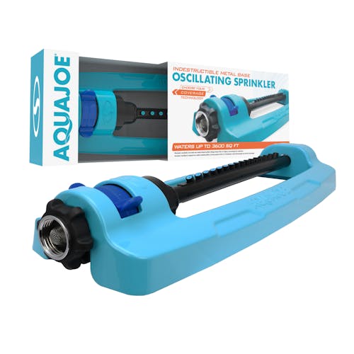 Aqua Joe 16-nozzle Indestructible Metal Base Oscillating Sprinkler with packaging.