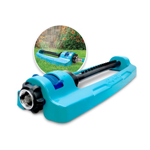 Aqua Joe 16-Nozzle indestructible metal base oscillating sprinkler with inset image of product in use
