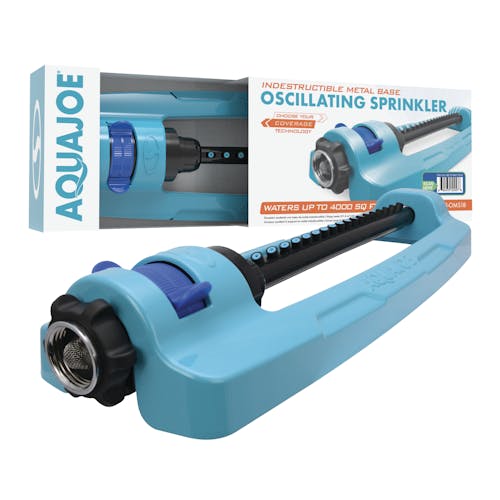 Aqua Joe 18-nozzle Indestructible Metal Base Oscillating Sprinkler with packaging.