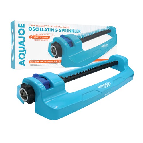 Aqua Joe 20-nozzle Indestructible Jumbo Metal Base Oscillating Sprinkler with packaging.