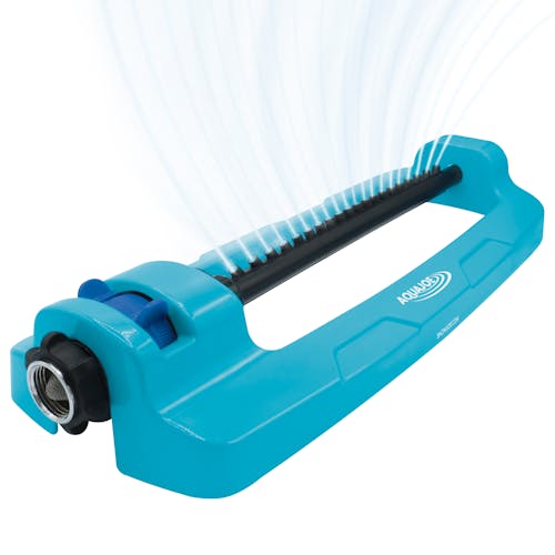 Aqua Joe 20-nozzle Indestructible Jumbo Metal Base Oscillating Sprinkler spraying water.