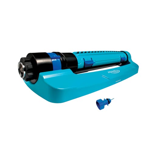 Aqua Joe 18-nozzle Turbo Oscillating Lawn Sprinkler with needle clean out tool.