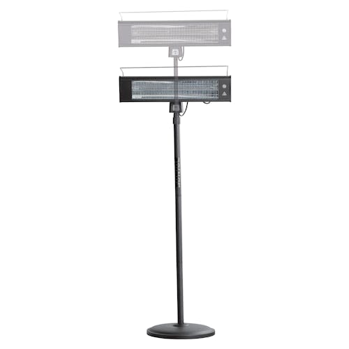 Sun Joe Water-Resistant Electric Indoor and Outdoor Patio Infrared Heater with motion blur showing the adjustable pole.