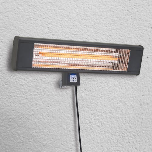 Sun Joe Water-Resistant Electric Indoor and Outdoor Patio Infrared Heater mounted onto a wall.