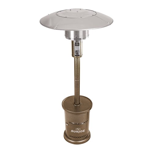 Top-angled view of the Sun Joe Commercial and Residential Bronze Outdoor Propane Powered Patio Heater With Wheels.
