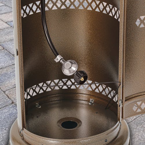 Close-up of the cylinder tank on the Sun Joe Commercial and Residential Bronze Outdoor Propane Powered Patio Heater With Wheels.