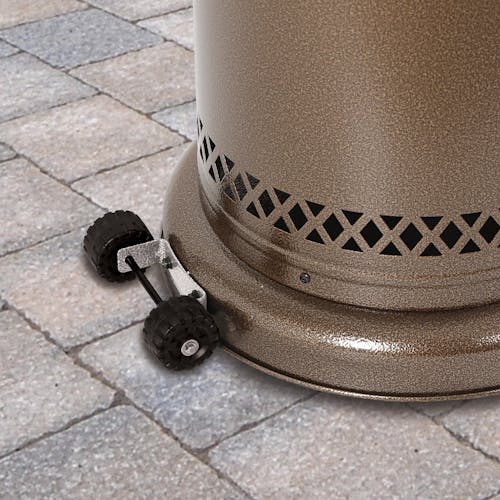 Close-up of the wheels on the Sun Joe Commercial and Residential Bronze Outdoor Propane Powered Patio Heater.