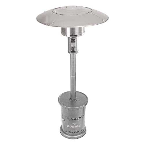 Top-angled view of the Sun Joe Commercial and Residential Silver Outdoor Propane Powered Patio Heater With Wheels.