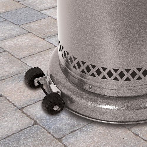 Close-up of the wheels on the Sun Joe Commercial and Residential Silver Outdoor Propane Powered Patio Heater.