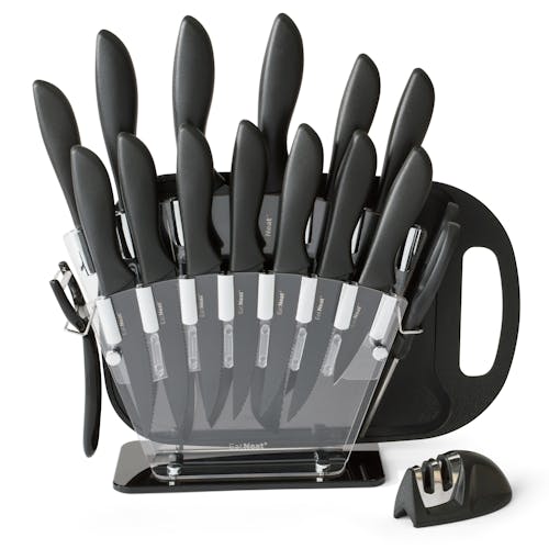 EatNeat 18-Piece Kitchen Knife Set with 13 Knives and Acrylic Knife Holder, Kitchen Scissor and Bottle Opener, Peeler, Cutting Board, and Knife Sharpener.