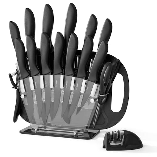 Side view of the EatNeat 18-Piece Kitchen Knife Set with 13 Knives and Acrylic Knife Holder, Kitchen Scissor and Bottle Opener, Peeler, Cutting Board, and Knife Sharpener.