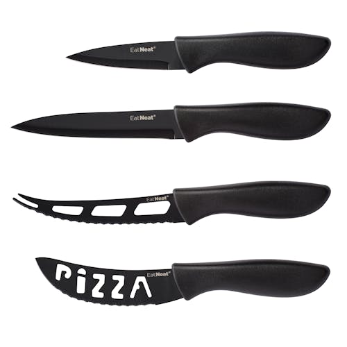 3.5-inch paring knife, 4.5-inch pizza knife, 5-inch tomato knife, and 5-inch utility knife.