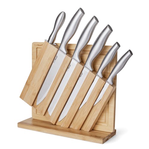 EatNeat 8-piece Knife set with 5 knives, bamboo knife block, cutting board, and knife sharpener.