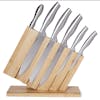 Front view of the EatNeat 8-piece Knife set with 5 knives, bamboo knife block, cutting board, and knife sharpener.