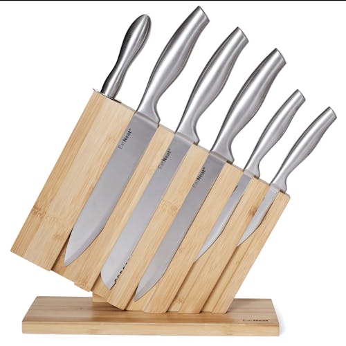 Front view of the EatNeat 8-piece Knife set with 5 knives, bamboo knife block, cutting board, and knife sharpener.