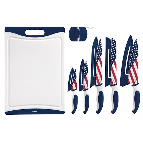 EatNeat 12-Piece American Flag Kitchen Knife Set with 5 knives and blade covers, a cutting board, and knife sharpener.