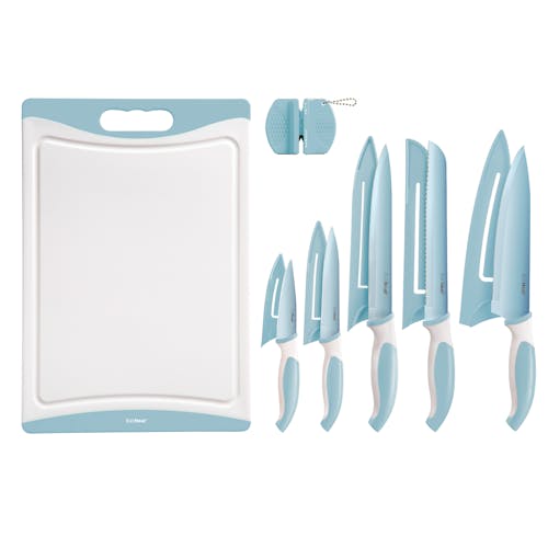 EatNeat 12-Piece Light Blue Kitchen Knife Set with 5 knives and blade covers, a cutting board, and knife sharpener.