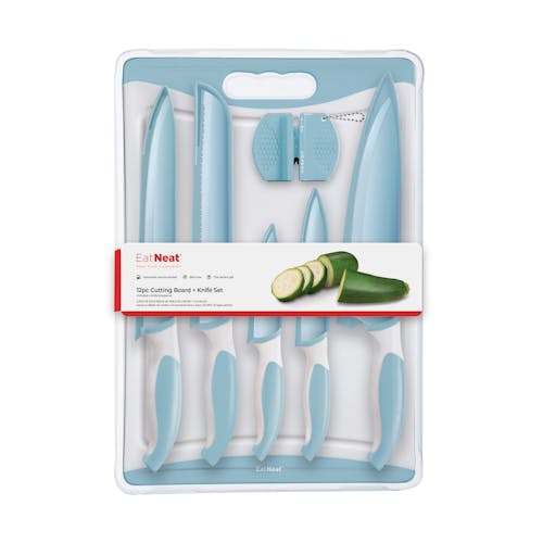 Packaging for the 12-piece light blue knife set.