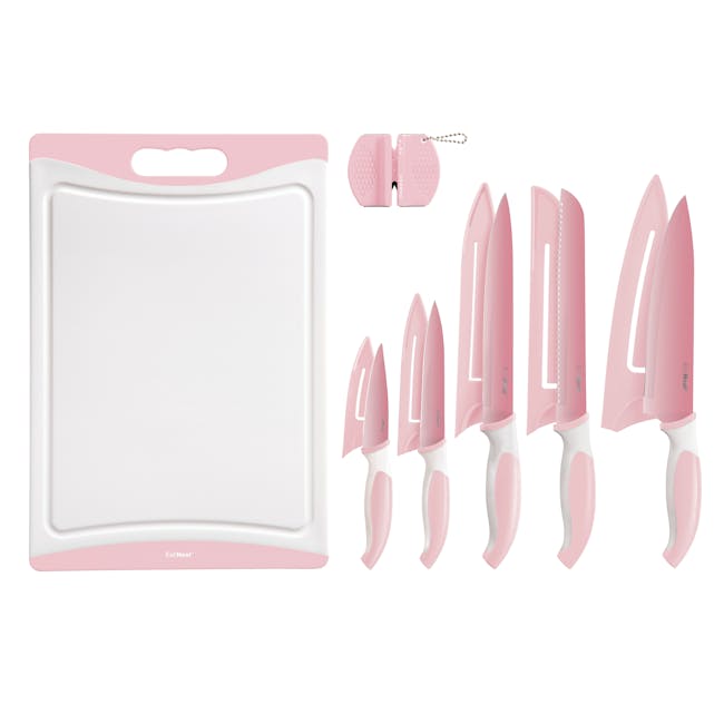 EatNeat 12-Piece Pale Pink Kitchen Knife Set with 5 knives and blade covers, a cutting board, and knife sharpener.