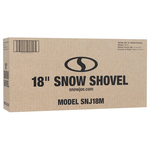 Packaging for the Snow Joe 18-inch combination snow shovel and pusher.