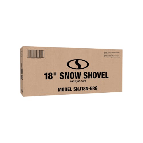 Packaging for the Snow Joe 18-Inch Ergonomic Heavy-Duty Snow Shovel and Pusher.