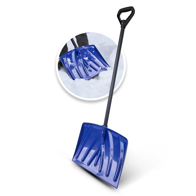 Snow Joe 18 Inch Poly blade snow shovel with image of product in use