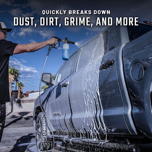 Slick Products Wash and Wax Foam Shampoo Cleaning Solution quickly breaks down dust, dirt, grime, and more.