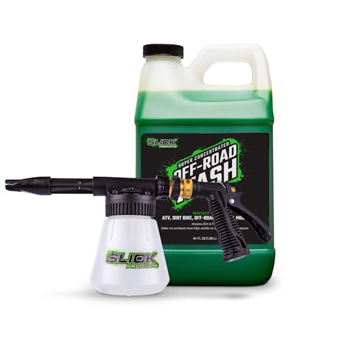 Slick Products 64 ounce Off-Road Extra Thick Foaming Cleaning Solution with a garden hose foam blaster.
