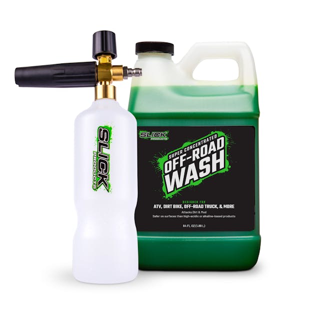 Slick Products 64 ounce Off-Road Extra Thick Foaming Cleaning Solution with a 32 ounce pressure washer foam cannon attachment.